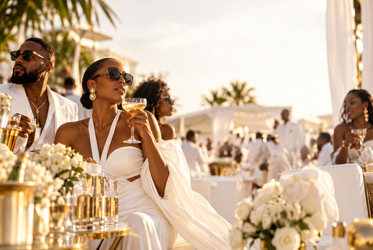Woman in a white gown enjoying a cocktail at an elegant outdoor all-white affair